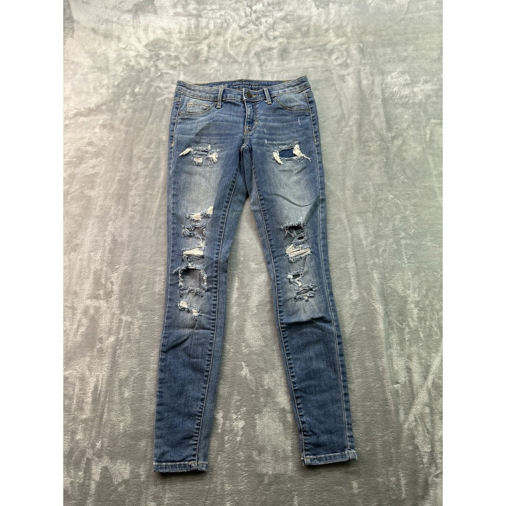 Mossimo Denim Jeans Mid Rise Legging Stretch Womens Sz 0/25 Blue Distressed Pant